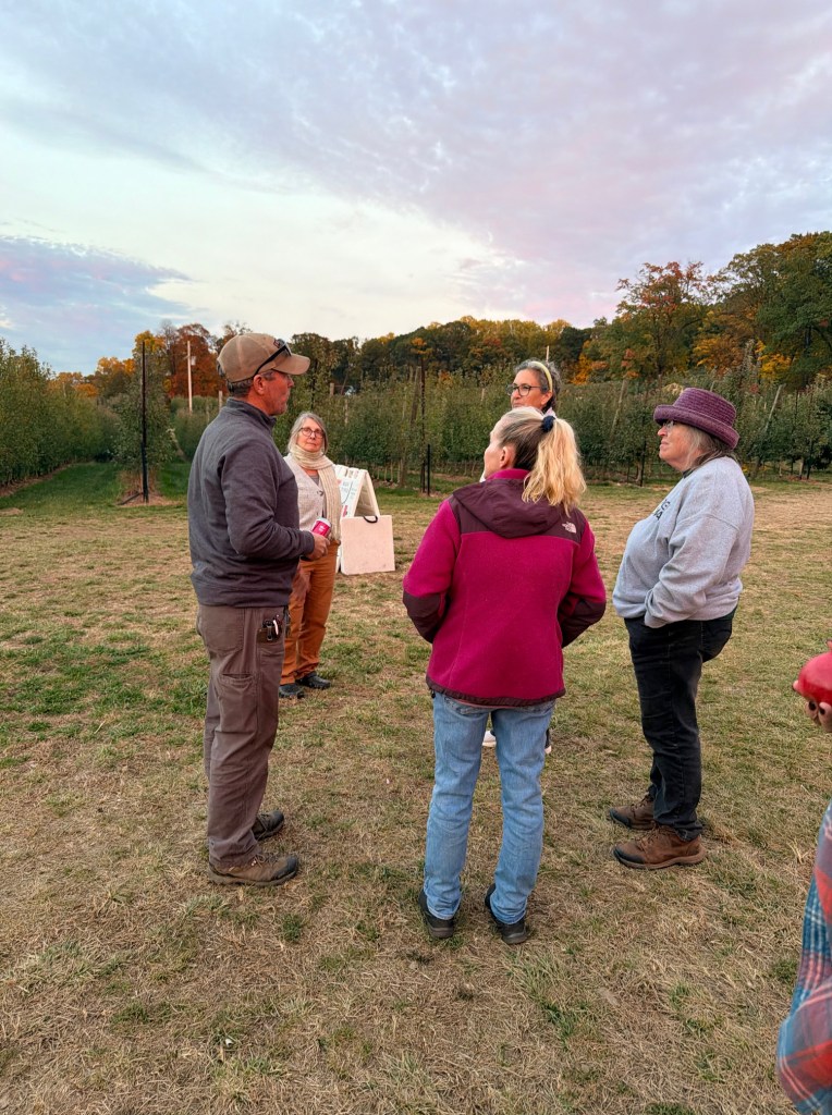 A group of five people gathered in an orchard during sunset, discussing around a man in a cap wearing a gray sweater.